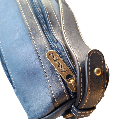 Cotton Road Sling Bag: BLUE PU Leather with Embossed PROTEA and BRANDED Strap