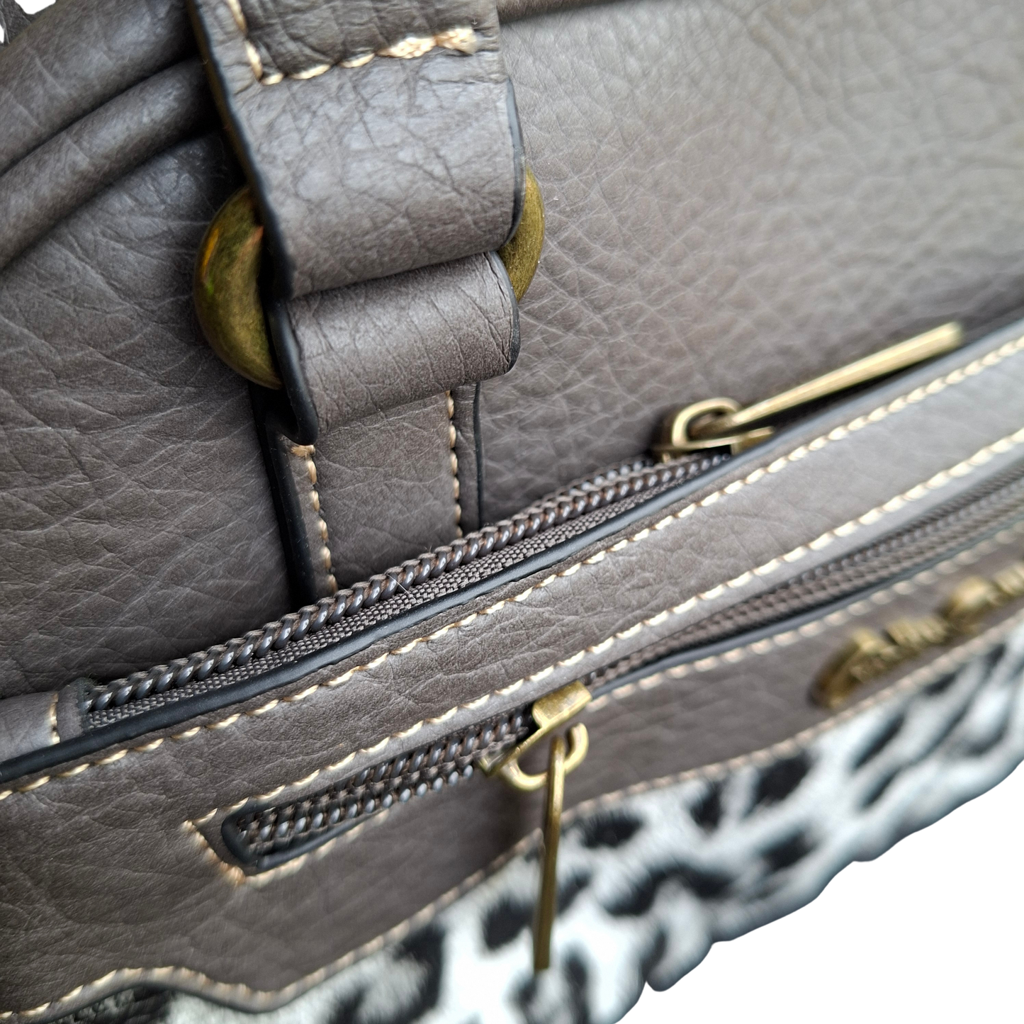 Cotton Road Handbag: GREY PU Leather Handbag with LEOPARD PRINT Panel