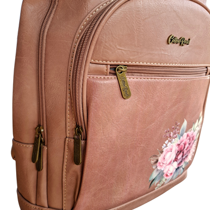 Cotton Road Backpack: PINK Floral PU Leather Multi-compartment Laptop Backpack