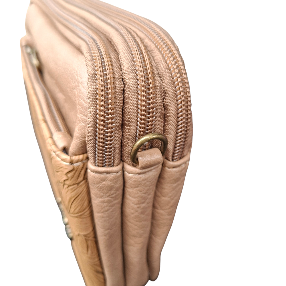 Cotton Road Sling Bag: KHAKI PU Leather with EMBOSSED Flowers