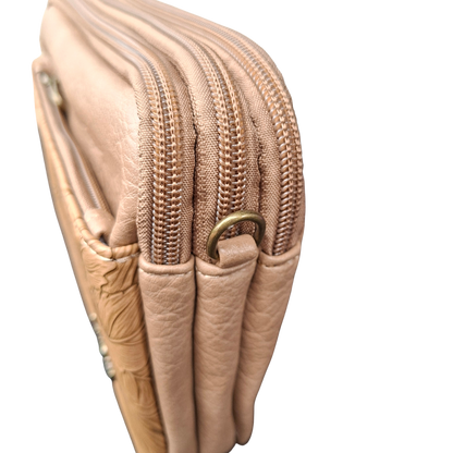 Cotton Road Sling Bag: KHAKI PU Leather with EMBOSSED Flowers