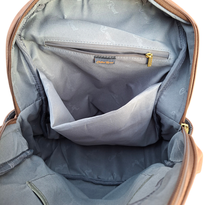 Cotton Road Backpack: COFFEE BROWN Suede-Style PU Leather with Embossed Print