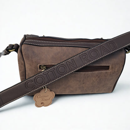Cotton Road Sling Bag: COFFEE BROWN PU Leather Sling Bag with Protea detail