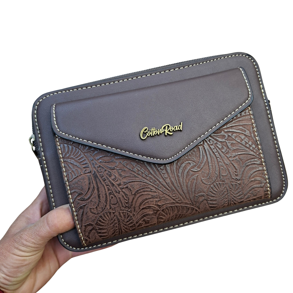 Cotton Road Sling Bag: COFFEE BROWN PU Leather Crossbody with Embossed Vine Pattern