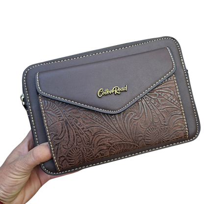 Cotton Road Sling Bag: COFFEE BROWN PU Leather Crossbody with Embossed Vine Pattern