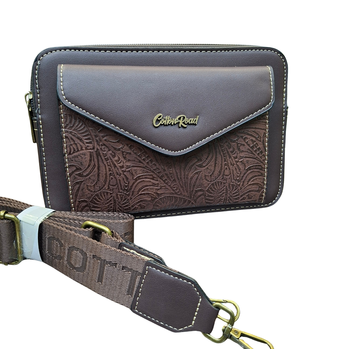 Cotton Road Sling Bag: COFFEE BROWN PU Leather Crossbody with Embossed Vine Pattern