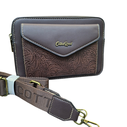 Cotton Road Sling Bag: COFFEE BROWN PU Leather Crossbody with Embossed Vine Pattern