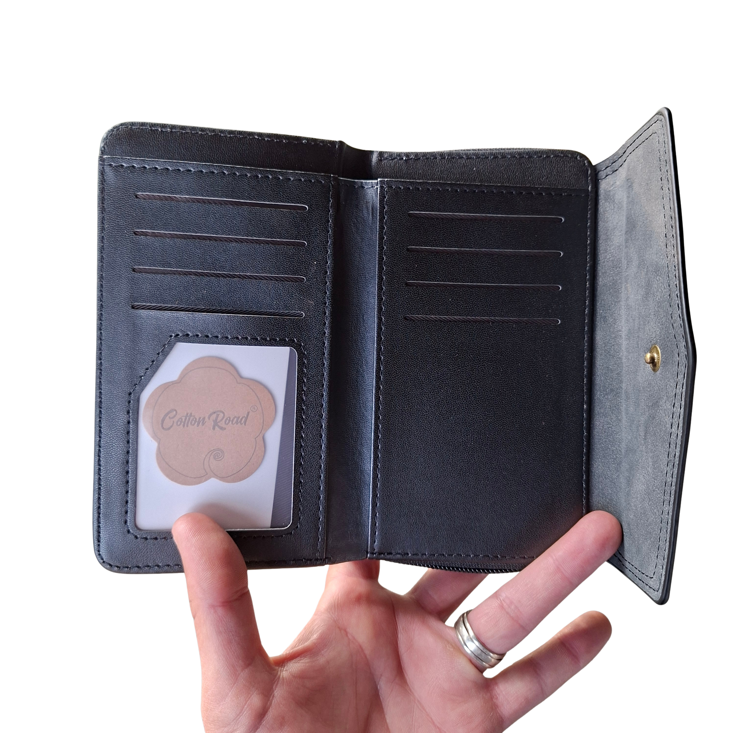 Cotton Road Wallet: Medium BLACK Suede-Style PU Leather with EMBOSSED Print