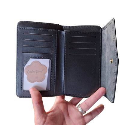 Cotton Road Wallet: Medium BLACK Suede-Style PU Leather with EMBOSSED Print