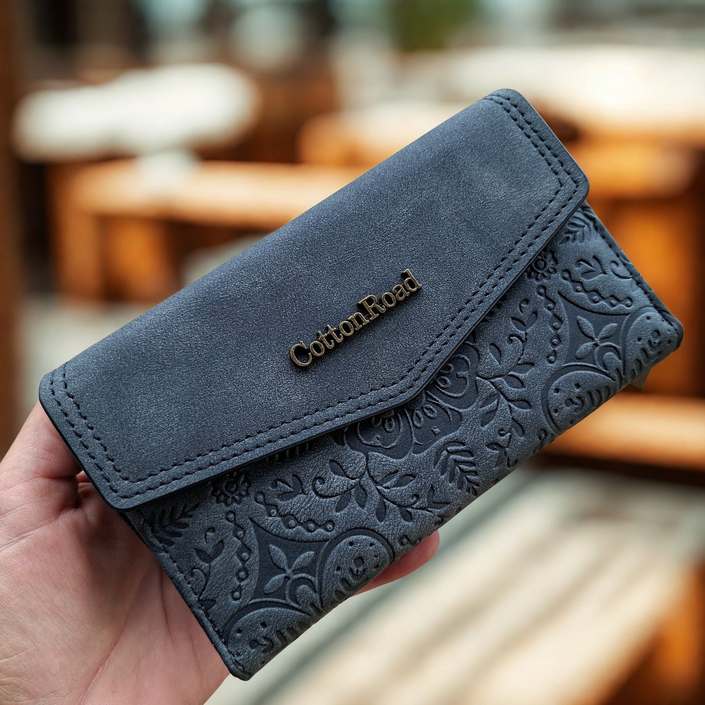 Cotton Road Wallet: Medium BLACK Suede-Style PU Leather with EMBOSSED Print
