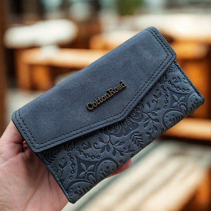 Cotton Road Wallet: Medium BLACK Suede-Style PU Leather with EMBOSSED Print