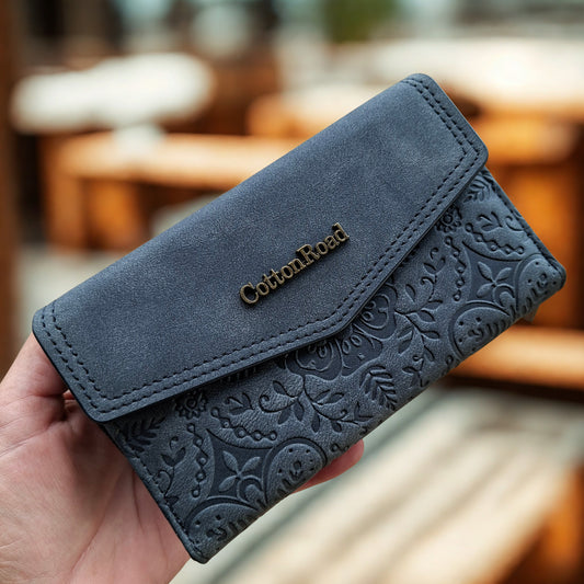 Cotton Road Wallet: Medium BLACK Suede-Style PU Leather with EMBOSSED Print