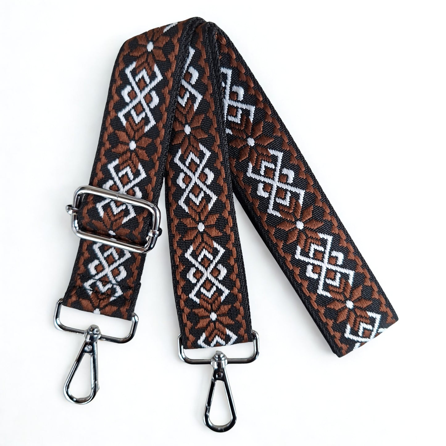 Adjustable Bag Strap: BLACK on DARK BROWN Pattern