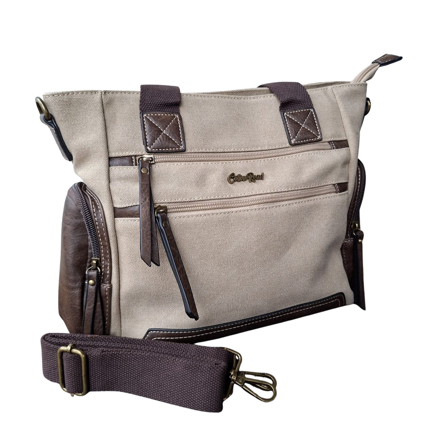 Cotton Road Handbag: KHAKI Canvas & PU Leather Multi-pocket Shoulder Bag