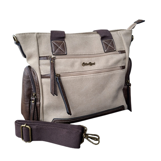 Cotton Road Handbag: KHAKI Canvas & PU Leather Multi-pocket Shoulder Bag