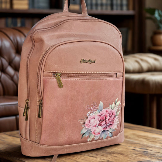 Cotton Road Backpack: PINK Floral PU Leather Multi-compartment Laptop Backpack