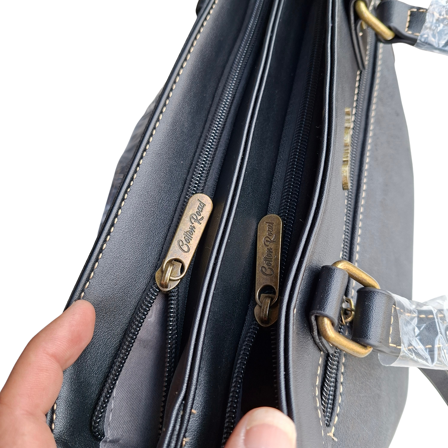 Cotton Road Handbag: BLACK PU Leather Double Compartment Handbag with EMBOSSED Protea