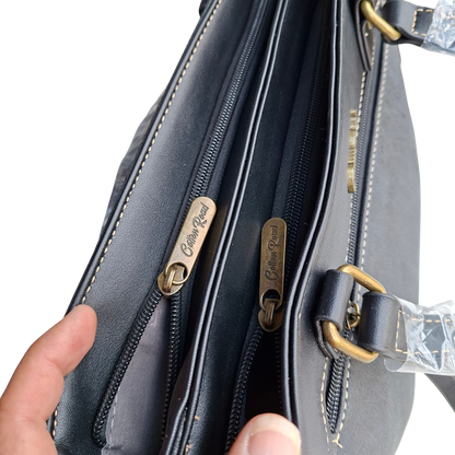 Cotton Road Handbag: BLACK PU Leather Double Compartment Handbag with EMBOSSED Protea