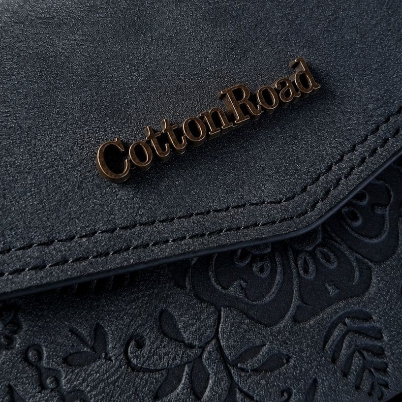 Cotton Road Wallet: Medium BLACK Suede-Style PU Leather with EMBOSSED Print