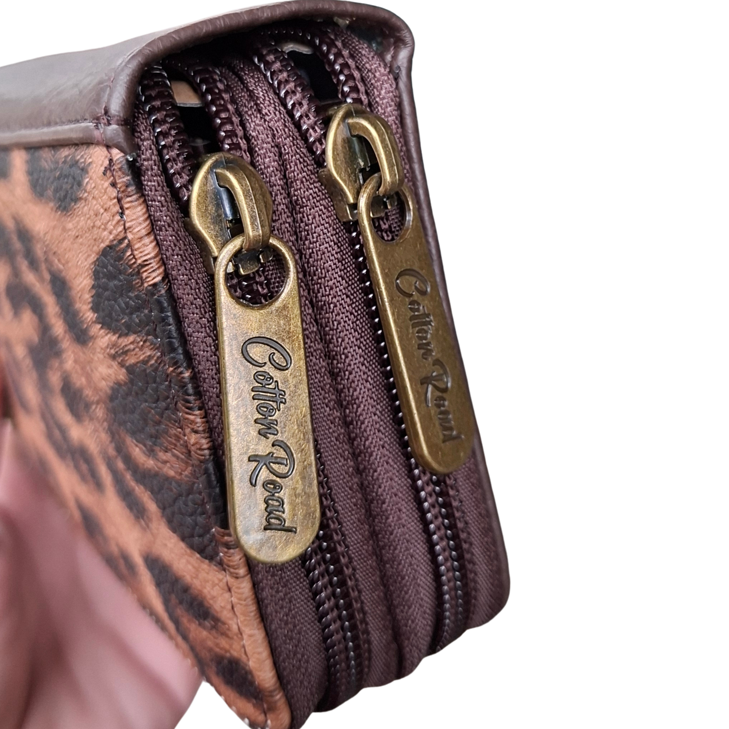 Cotton Road Wallet: Medium COFFEE BROWN PU Leather with LEOPARD Print