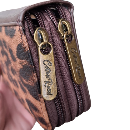 Cotton Road Wallet: Medium COFFEE BROWN PU Leather with LEOPARD Print