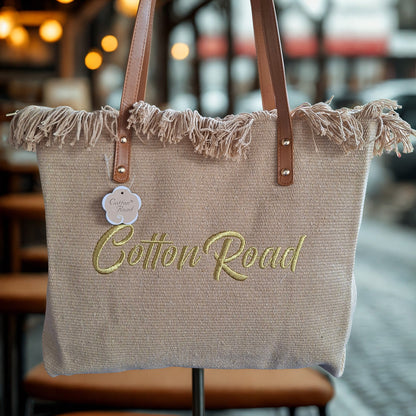 Cotton Road Beach Bag: BROWN Pure Cotton Branded Tapestry Tote