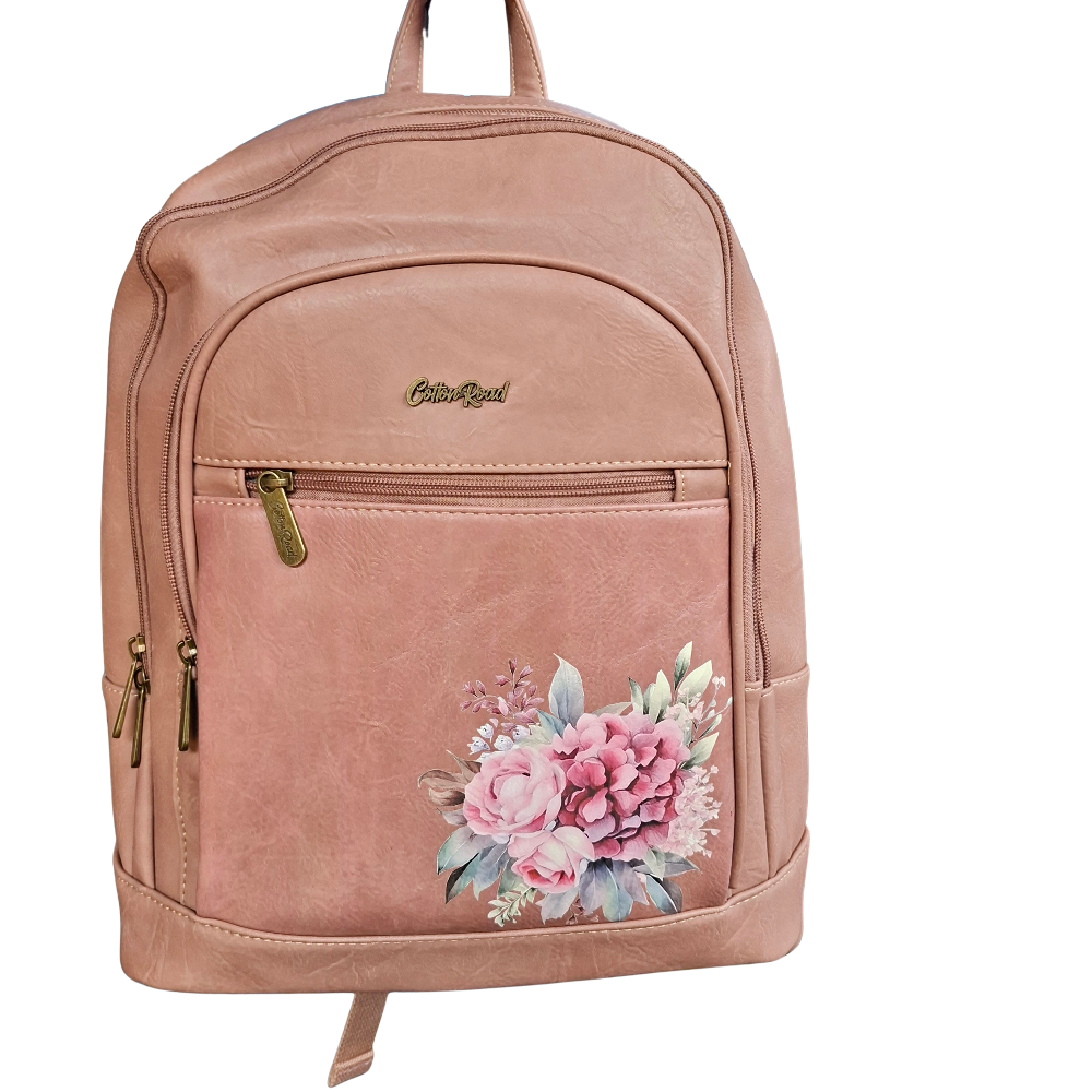 Cotton Road Backpack: PINK Floral PU Leather Multi-compartment Laptop Backpack