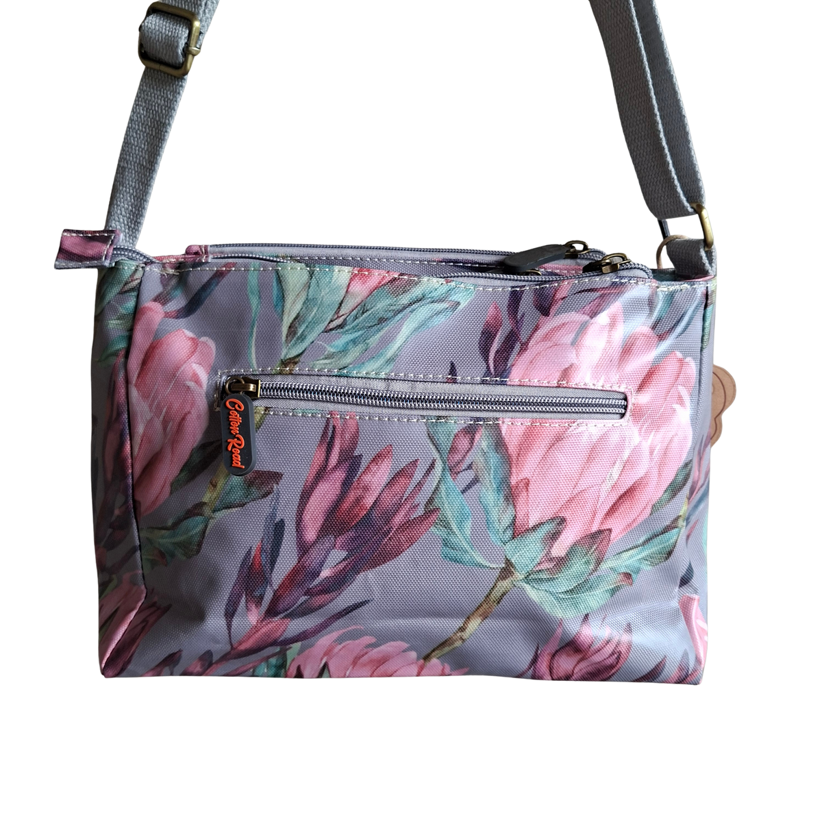 Cotton Road Sling Bag: GREY PVC Triple pocket Sling with Protea print