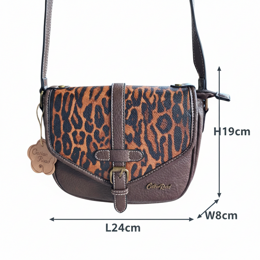 Cotton Road Sling Bag: COFFEE YELLOW PU Leather Crossbody with Leopard Print and Buckle Strap