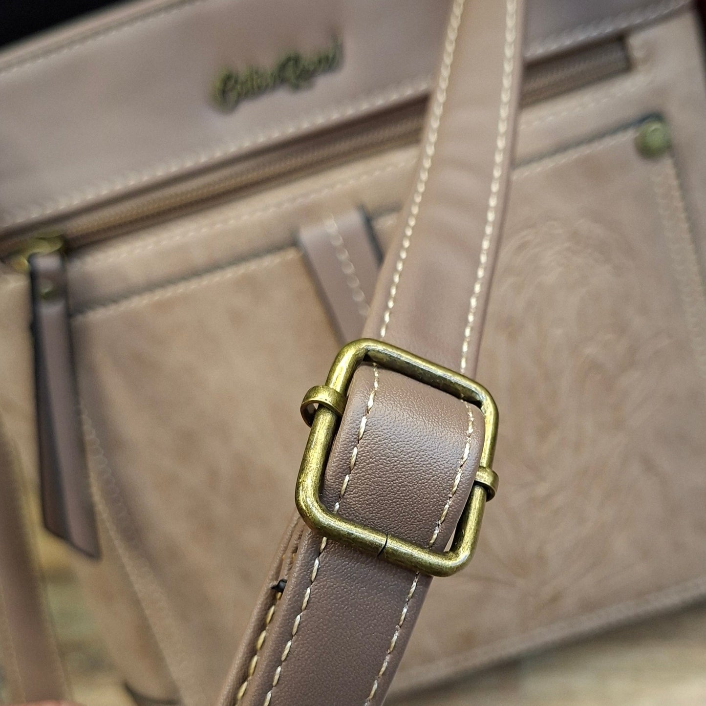 Cotton Road Sling Bag: KHAKI PU Leather with Embossed Protea