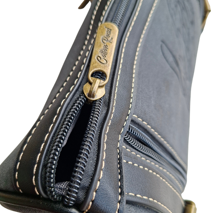 Cotton Road Sling Bag: BLACK PU Leather with Embossed PROTEA and BRANDED Strap