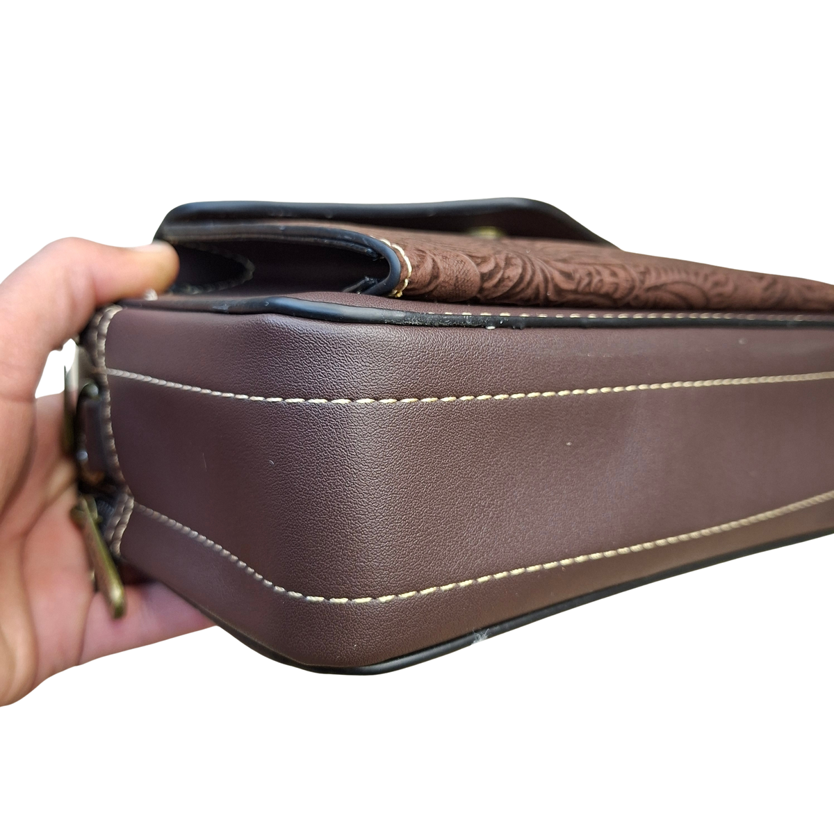 Cotton Road Sling Bag: COFFEE BROWN PU Leather Crossbody with Embossed Vine Pattern