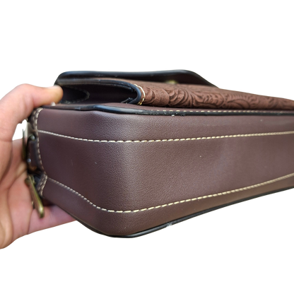 Cotton Road Sling Bag: COFFEE BROWN PU Leather Crossbody with Embossed Vine Pattern