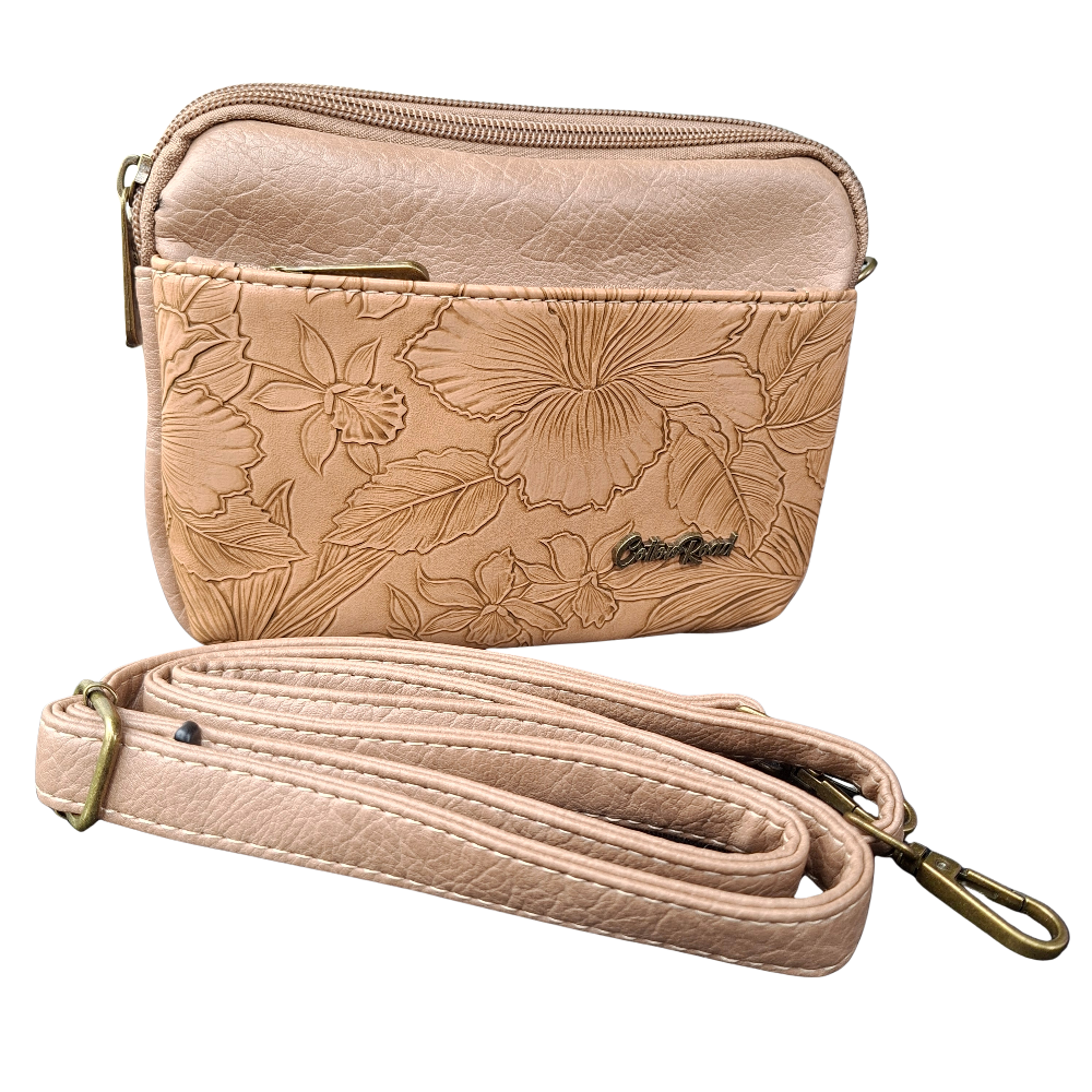 Cotton Road Sling Bag: KHAKI PU Leather with EMBOSSED Flowers