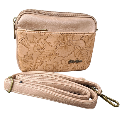 Cotton Road Sling Bag: KHAKI PU Leather with EMBOSSED Flowers