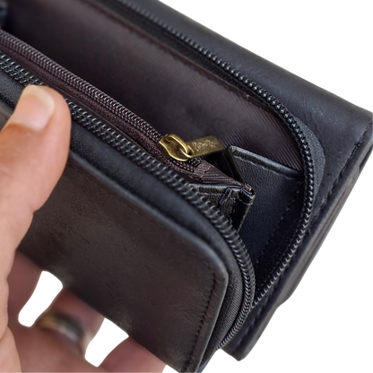 Cotton Road Wallet: Medium BLACK PU Leather Tri-Fold Organiser with WINDMILL