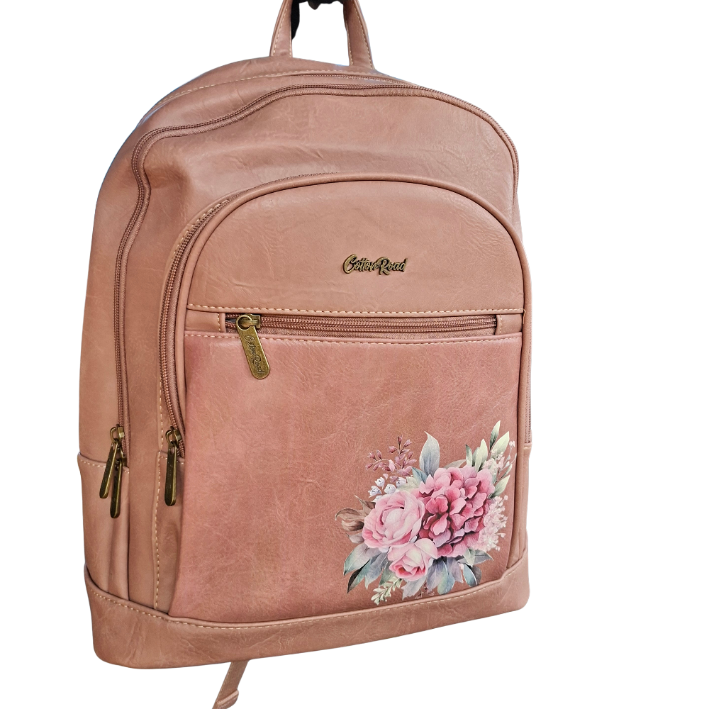 Cotton Road Backpack: PINK Floral PU Leather Multi-compartment Laptop Backpack