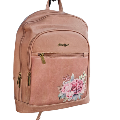 Cotton Road Backpack: PINK Floral PU Leather Multi-compartment Laptop Backpack