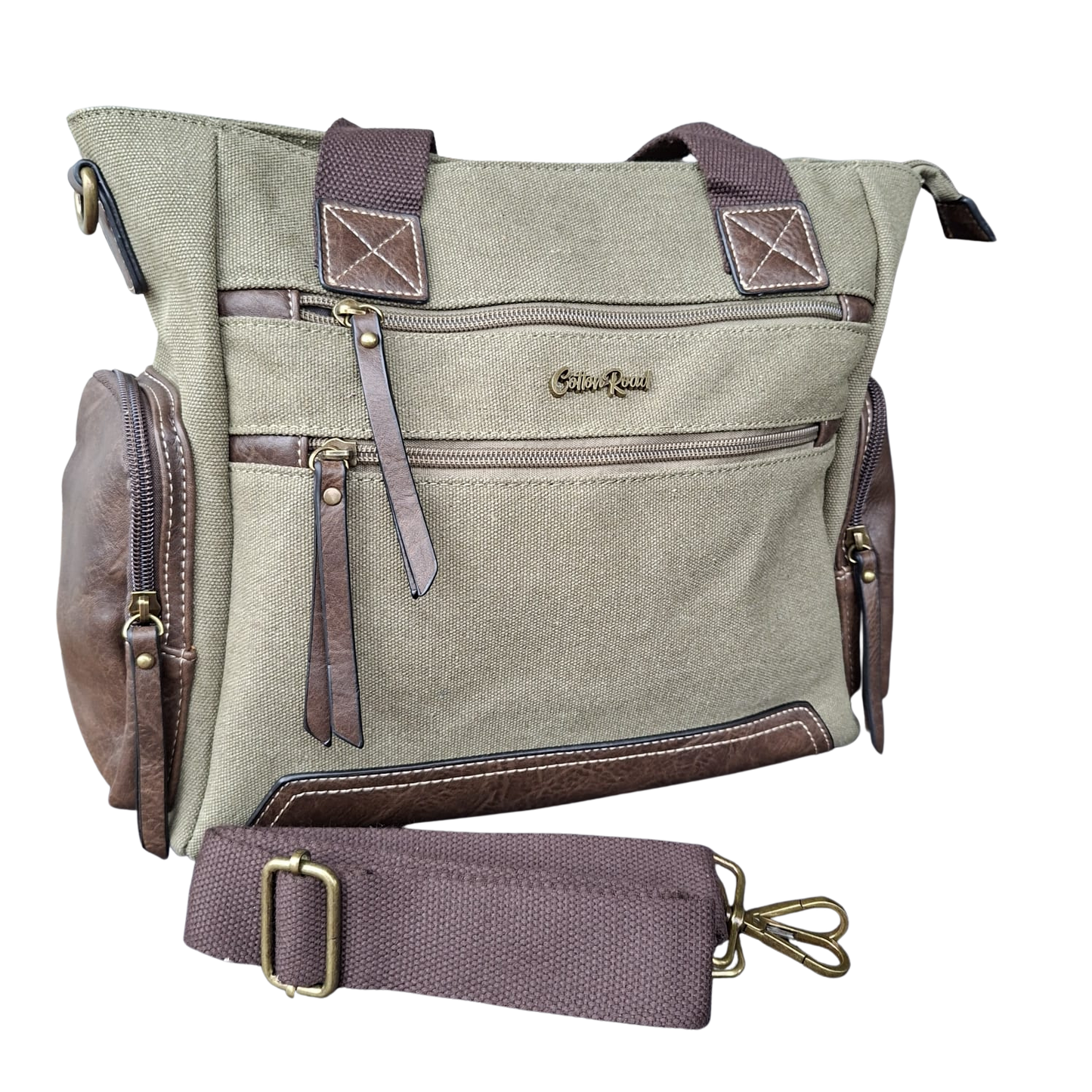 Cotton Road Handbag: GREEN Canvas & PU Leather Multi-pocket Shoulder Bag