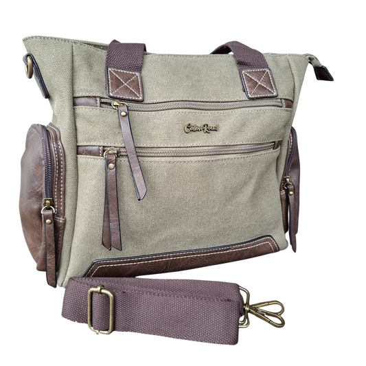 Cotton Road Handbag: GREEN Canvas & PU Leather Multi-pocket Shoulder Bag