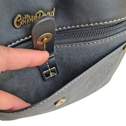 Cotton Road Sling Bag: BLACK PU Leather with Embossed Protea