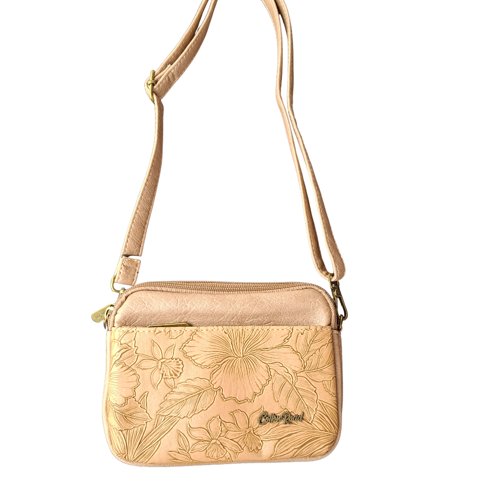 Cotton Road Sling Bag: KHAKI PU Leather with EMBOSSED Flowers