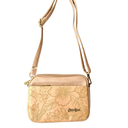 Cotton Road Sling Bag: KHAKI PU Leather with EMBOSSED Flowers