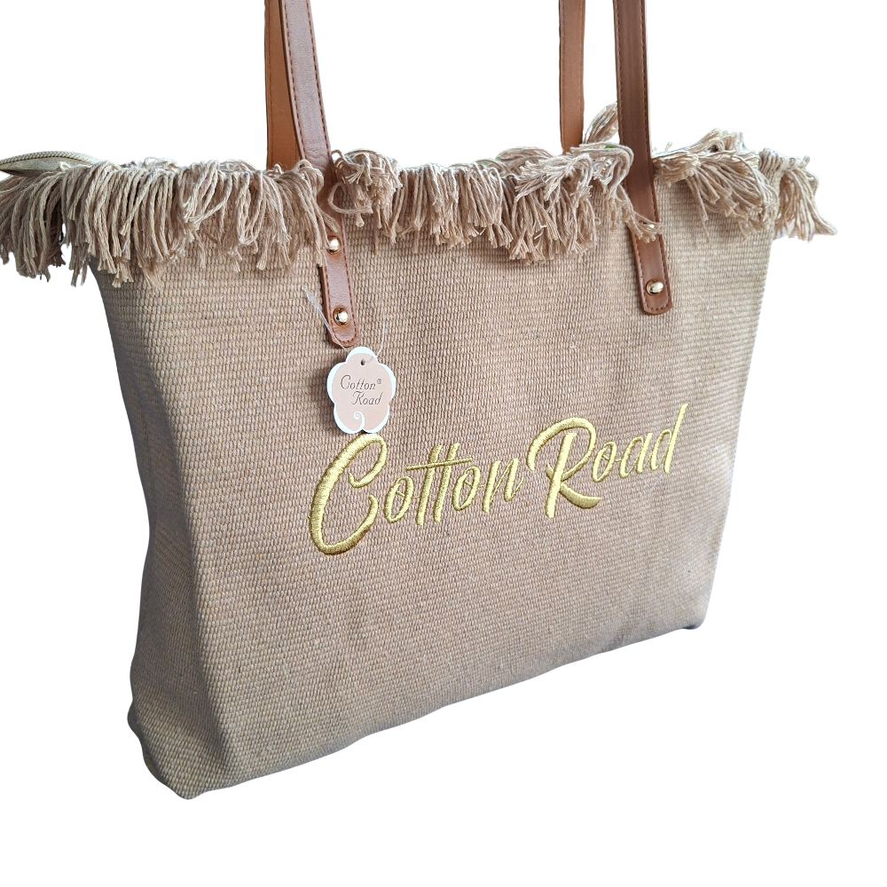 Cotton Road Beach Bag: BROWN Pure Cotton Branded Tapestry Tote