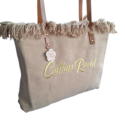 Cotton Road Beach Bag: BROWN Pure Cotton Branded Tapestry Tote