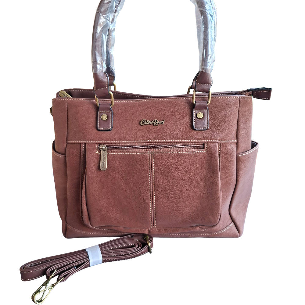 Cotton Road Handbag: BROWN Soft PU Leather Double Compartment bag SET