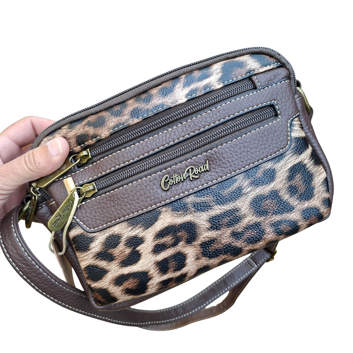Cotton Road Sling Bag: COFFEE BROWN PU leather Crossbody with Leopard Print