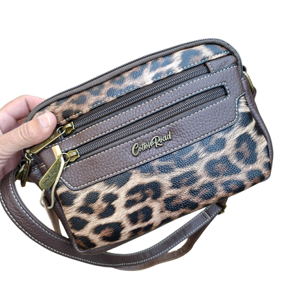 Cotton Road Sling Bag: COFFEE BROWN PU leather Crossbody with Leopard Print