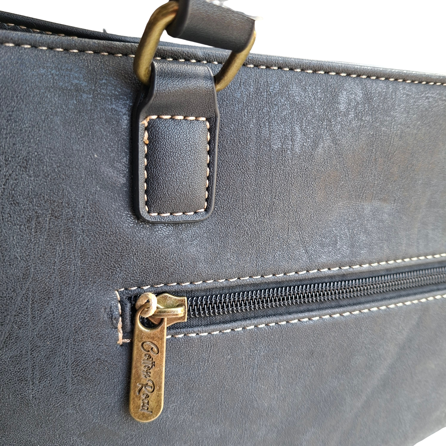 Cotton Road Handbag: BLACK PU Leather Double Compartment Handbag with EMBOSSED Protea