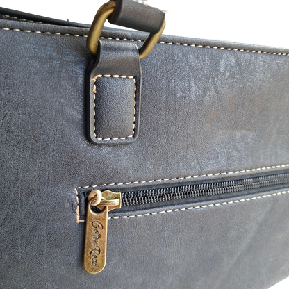 Cotton Road Handbag: BLACK PU Leather Double Compartment Handbag with EMBOSSED Protea